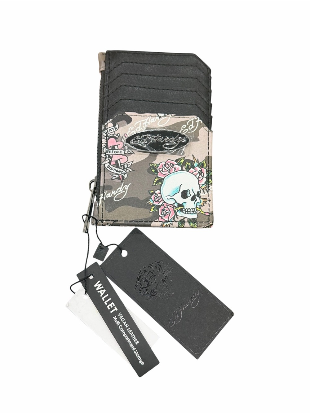 Ed Hardy Black & Camouflage Card Holder with Skull & Roses